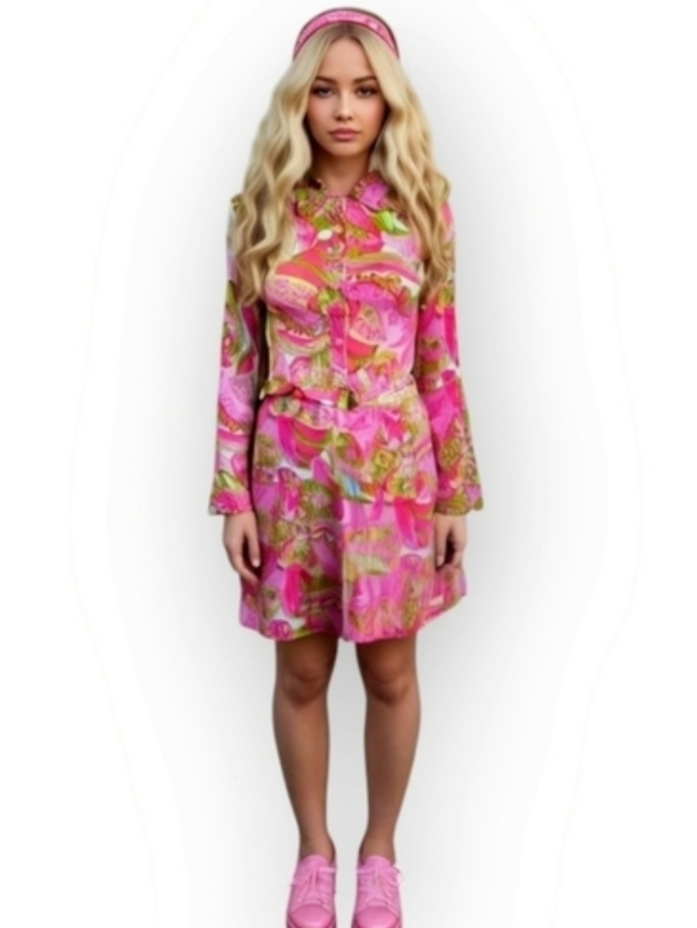 Sans Souci Y2K Pink Green Mod Mini Dress XS Collared Stretch Retro Costume